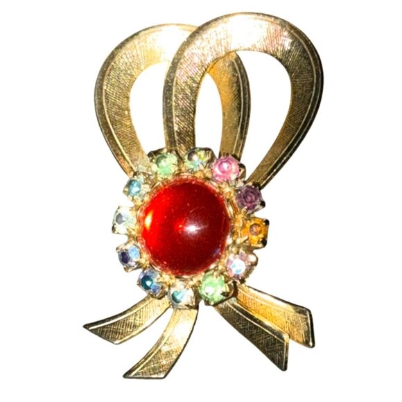Vintage Jelly Belly Red Rhinestone Bow Brooch Pin Gold-Tone Metal With Multicolo - Picture 2 of 9